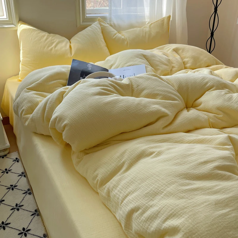 Japanese Style Washed Cotton Bedding Set 4 Piece Solid Color Soft Bed Sheets and Duvet Cover for Dormitory or Home